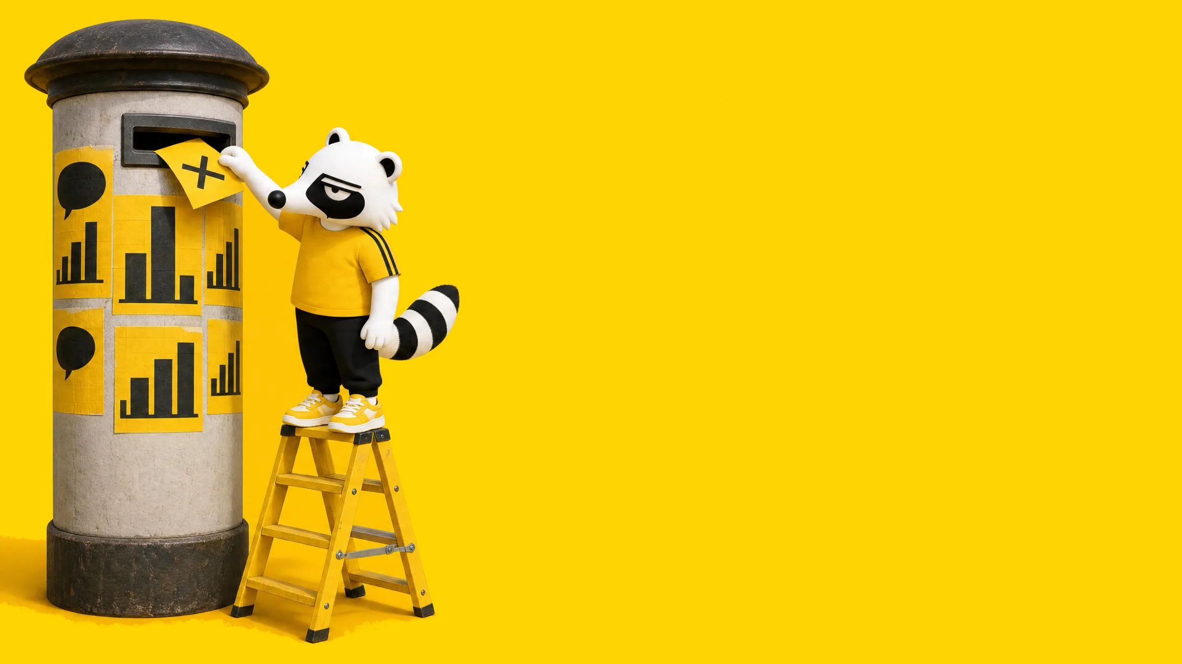 Das Maskottchen wirft einen Stimmzettel in eine Litfaßsäule (Illustration)