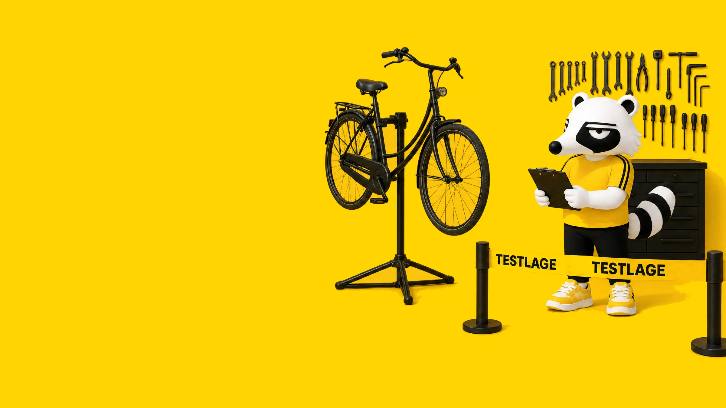 Das Maskottchen prüft ein Fahrrad in einer Werkstatt (Illustration)